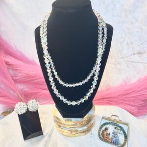 Vintage AB Crystal Bead Double Strand Necklace W/AB Clip On Earring And Trinket